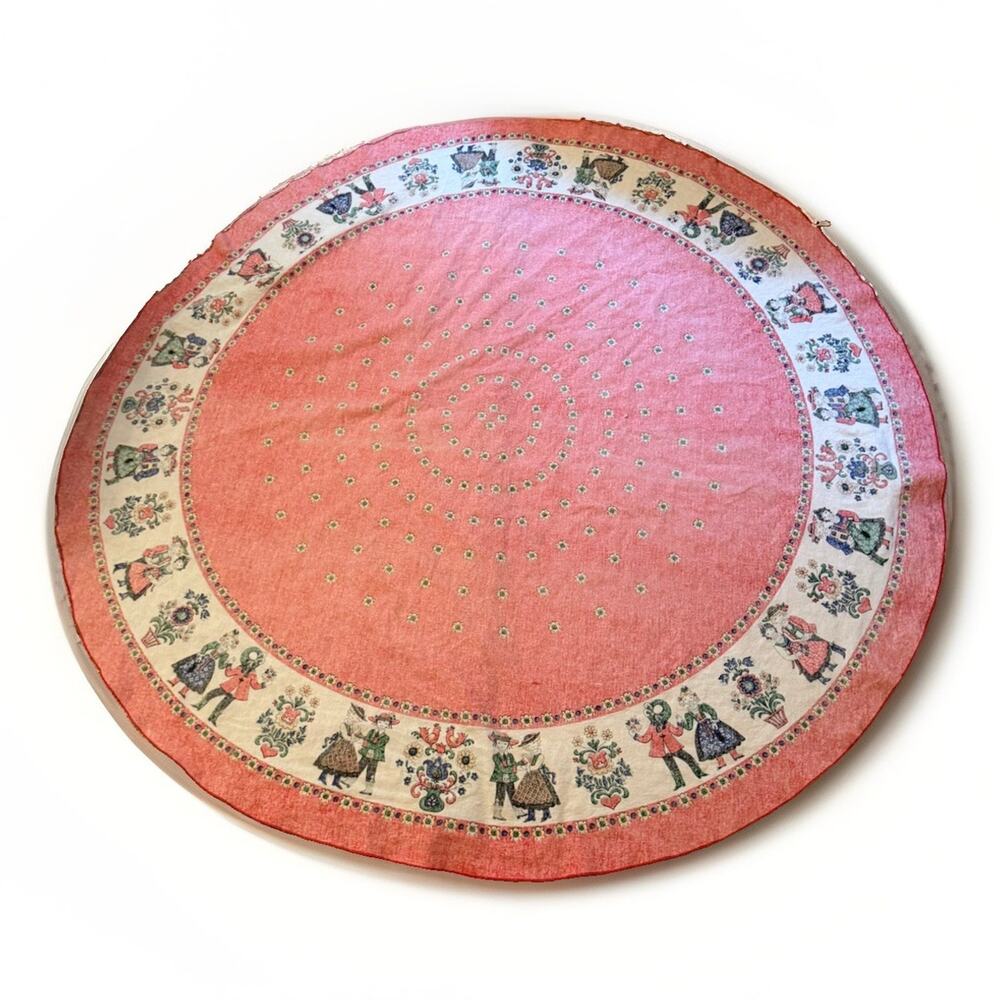 Vintage Austrian Folk Art Round Tablecloth 62” Red Floral DELLA TORRE 3757/20 - Picture 6 of 16